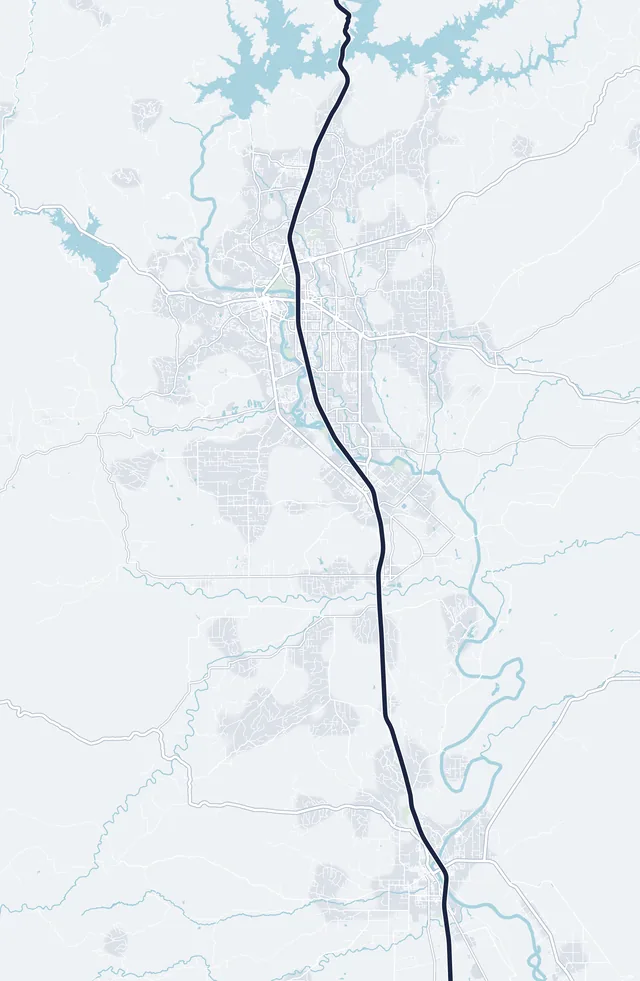 Map of our service area along I-5, from Shasta Lake through Redding, Anderson and Cottonwood to Red Bluff